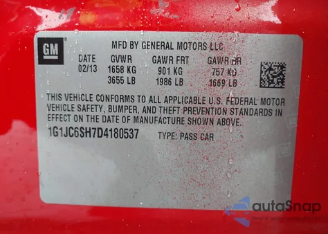 2013 Chevrolet Sonic Lt Auto from USA, damaged, VIN 1G1JC6SH7D4180537